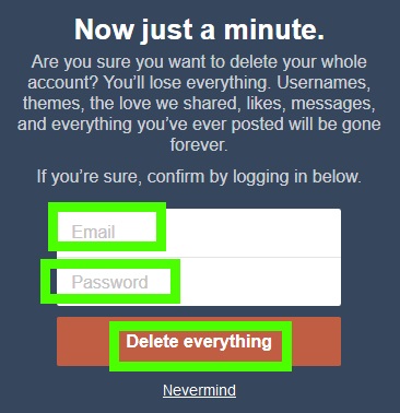 كتابة البريد وكلمة المرور لتأكيد حذف تمبلر Tumblr
